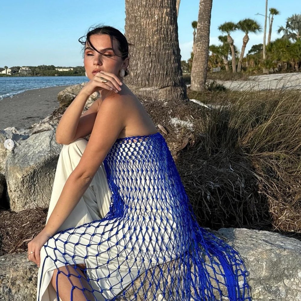 Baobab Collection Blue and White Macramé Strapless Jumpsuit - Picture 2 of 6